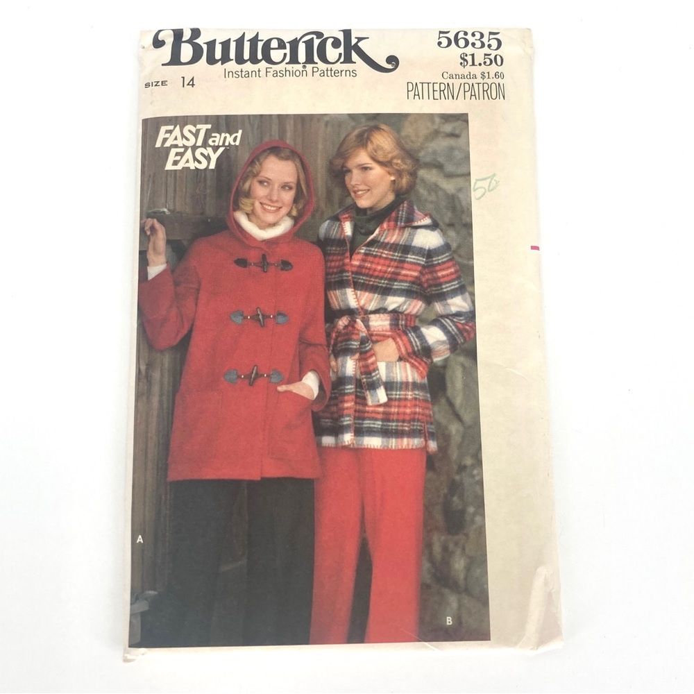 Butterick 5635 Vintage Size 14 Coat Pattern Plaid Flannel Pea Coat Cute DIY